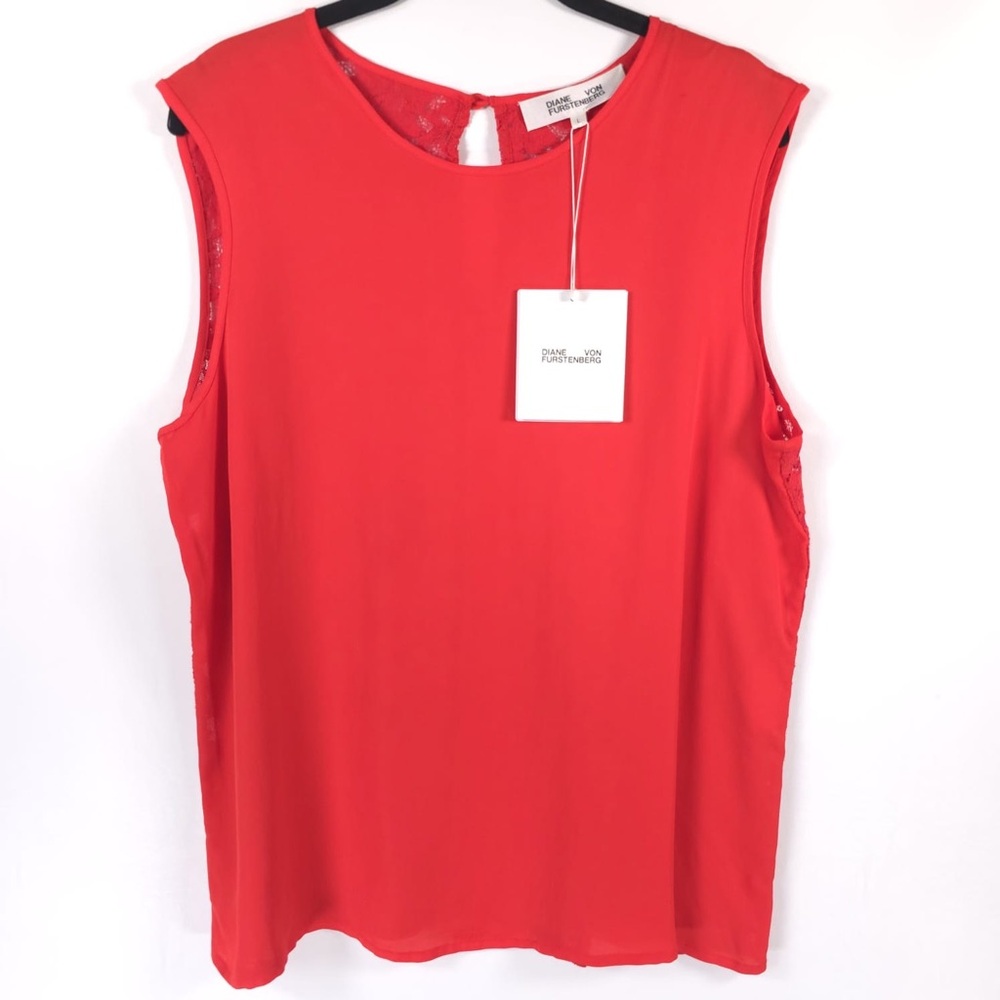 NWT DIANE VON FURSTENBERG Coral Red Sleeveless Shell 12215DVF Lace Top LARGE